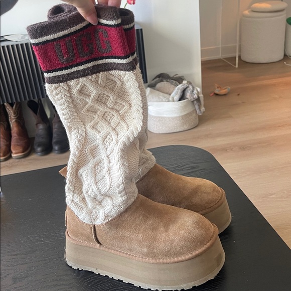 UGG Tan Platform Over-the-Knee Boot with Cream Knit Shaft and Red Accent - Picture 3 of 8